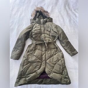 Olive Green Women Down Parka Coat with Faux Fur Hood Like New Size M 10-12